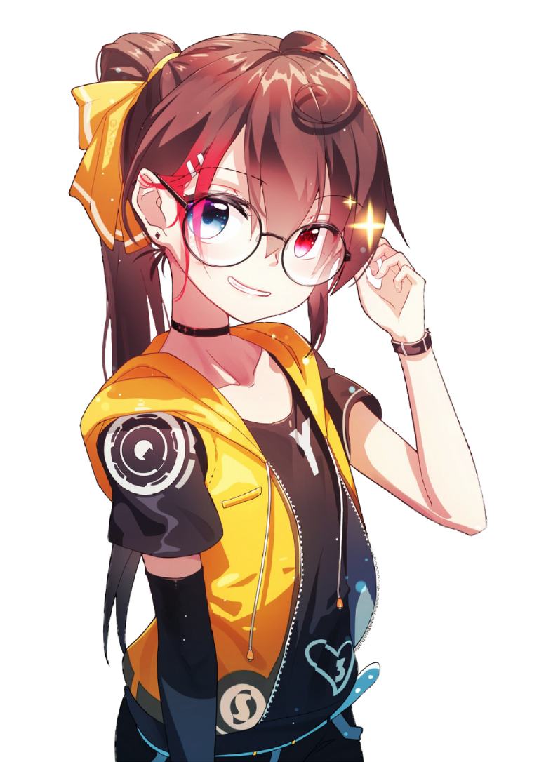 an anime girl with long brown hair, wearing a yellow top and black pants