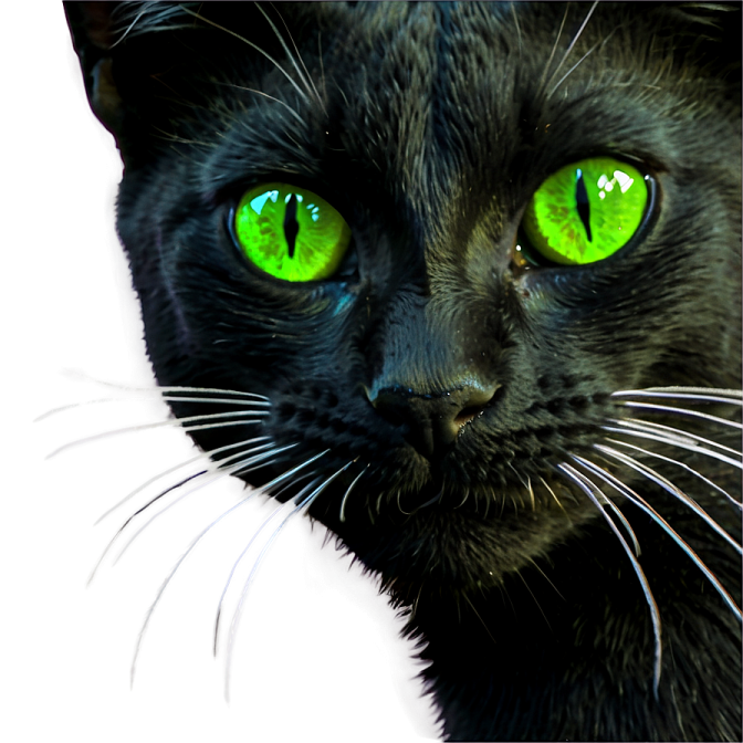 a close up of a black cat with green eyes