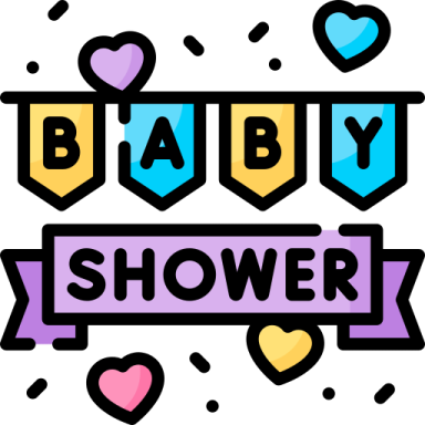 a baby shower banner with hearts and ribbons