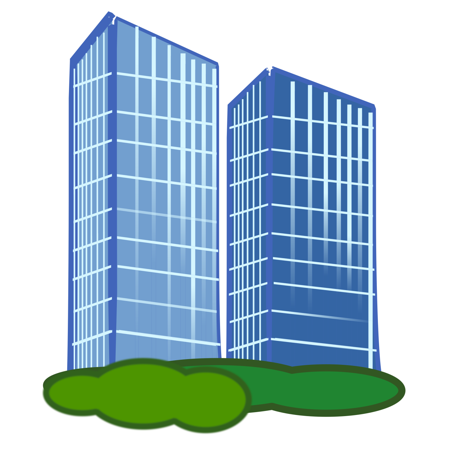 two skyscrapers with green grass in front
