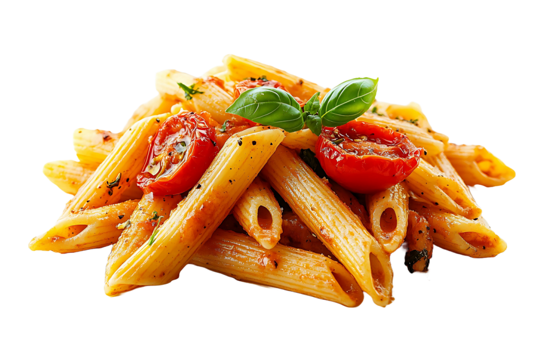 a plate of pasta with tomatoes and basil