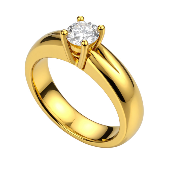 a yellow gold engagement ring with a single diamond