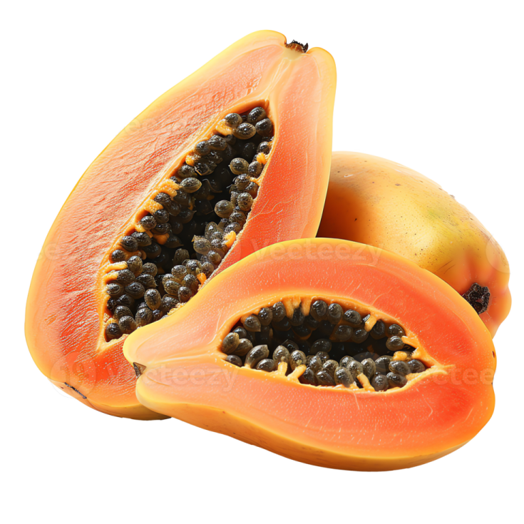 a cut open papa with seeds inside