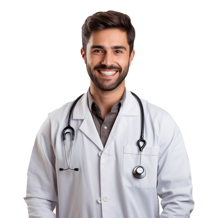 a man in a white lab coat with a stel on his chest