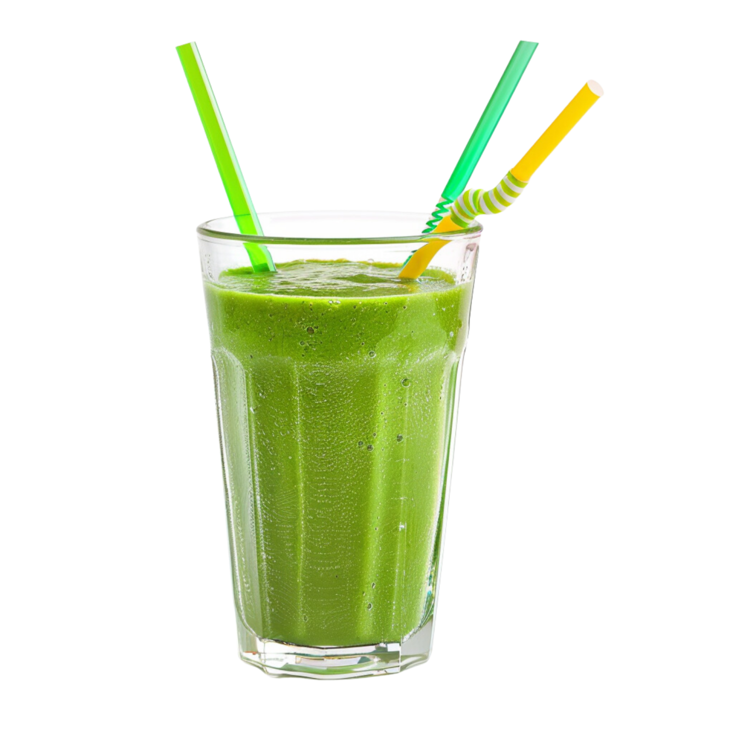 a glass of green smoothie with two straws