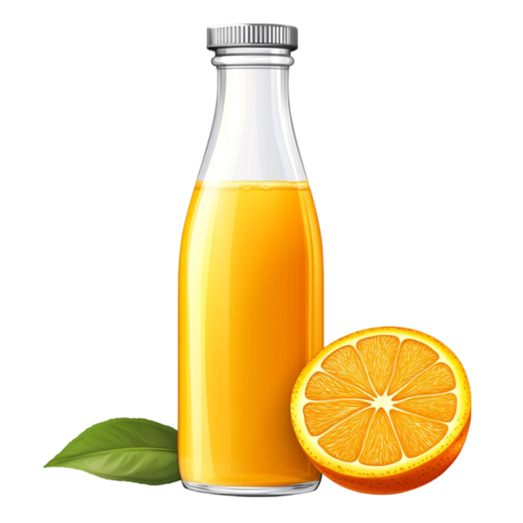 a bottle of orange juice next to an orange slice