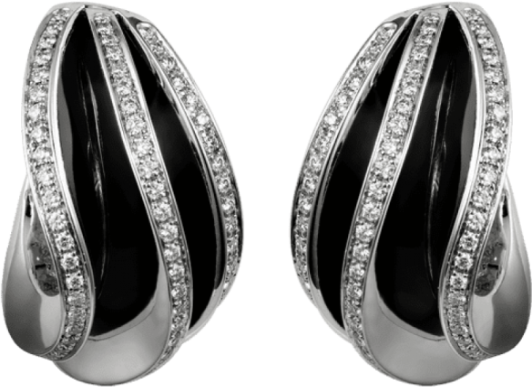 a pair of black and white diamond earrings