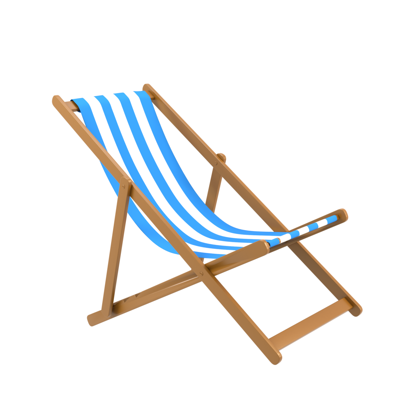 a wooden deck chair with blue and white stripes