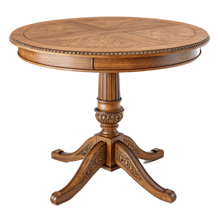 a round dining table with a wooden top