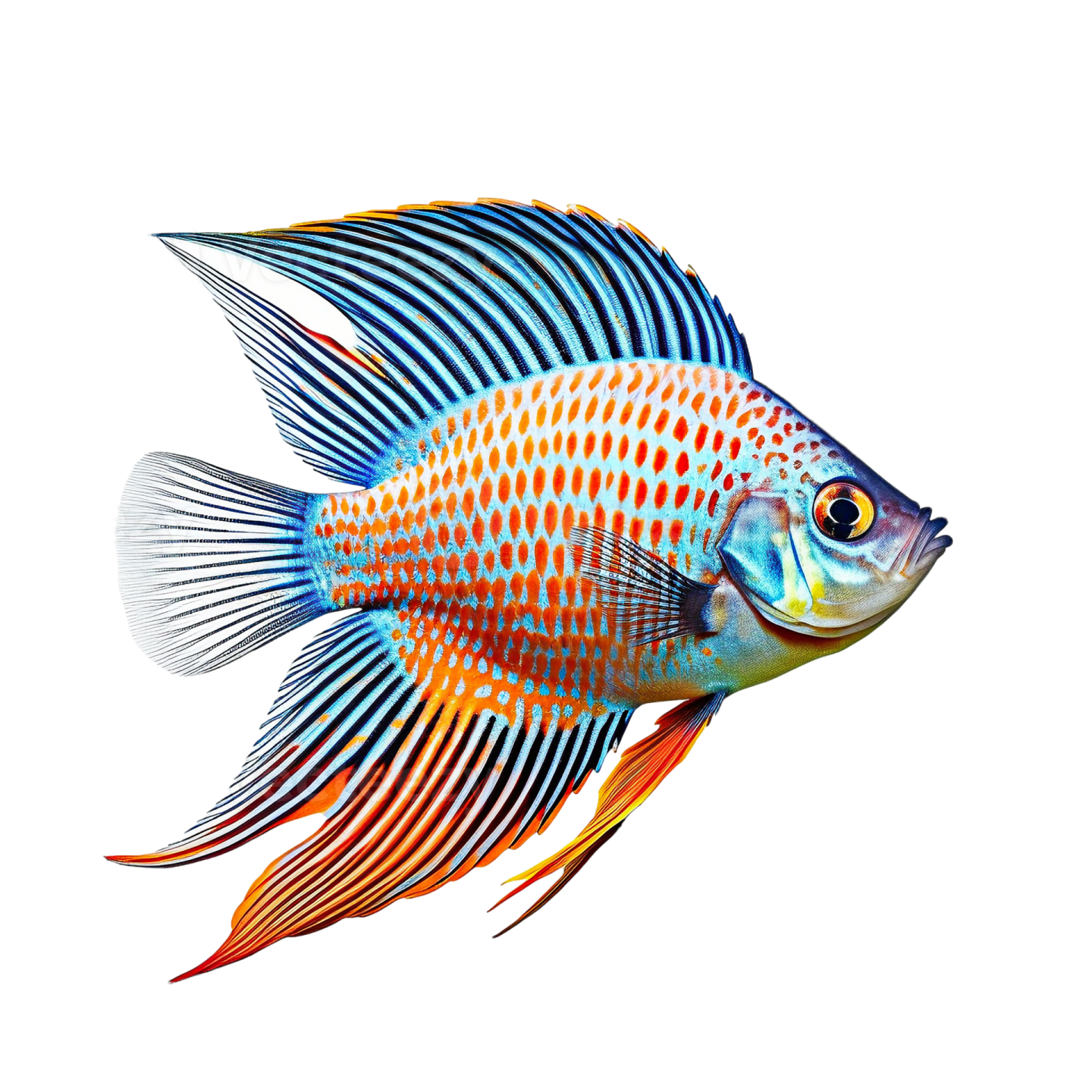 a blue and orange fish on a white background