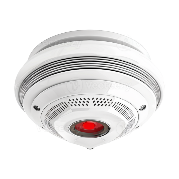 a white smoke detector with red light