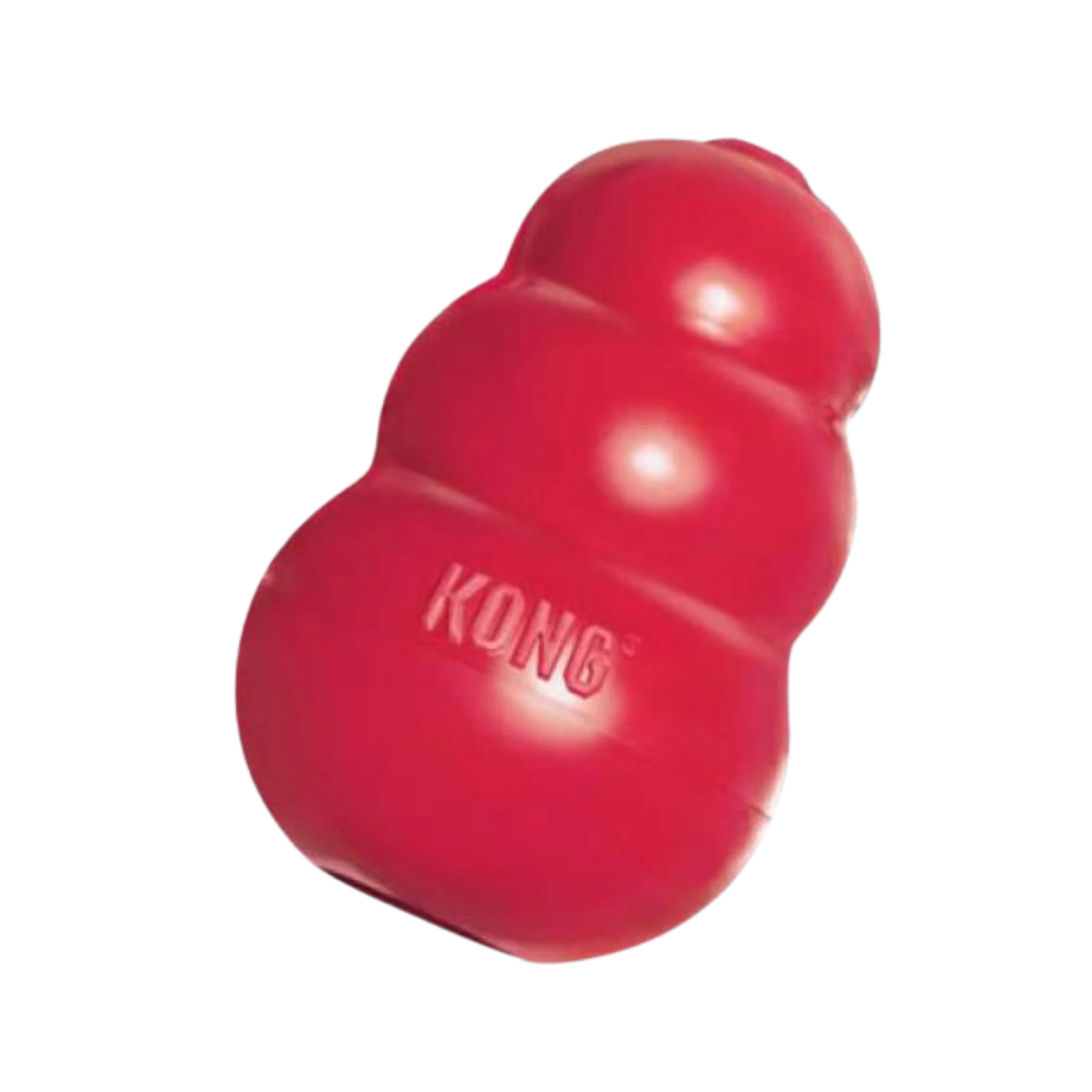 a red kong dog toy on a white background