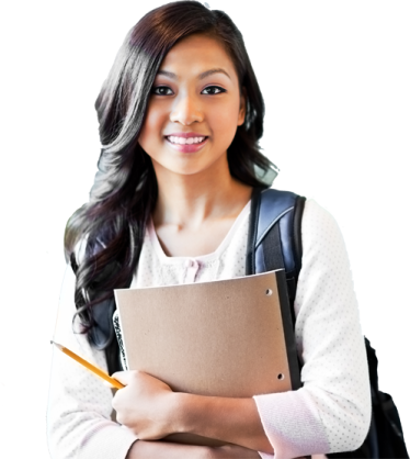 a young woman holding a notebook and smiling