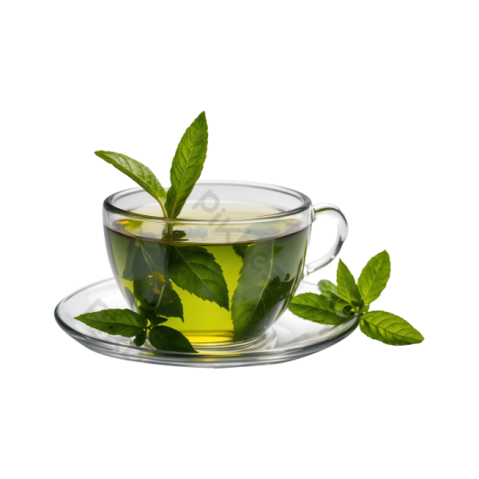 a glass cup filled with green tea leaves
