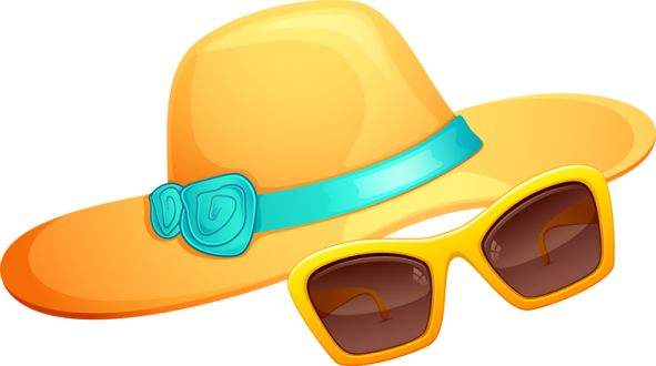 a yellow hat, sunglasses and a blue ribbon