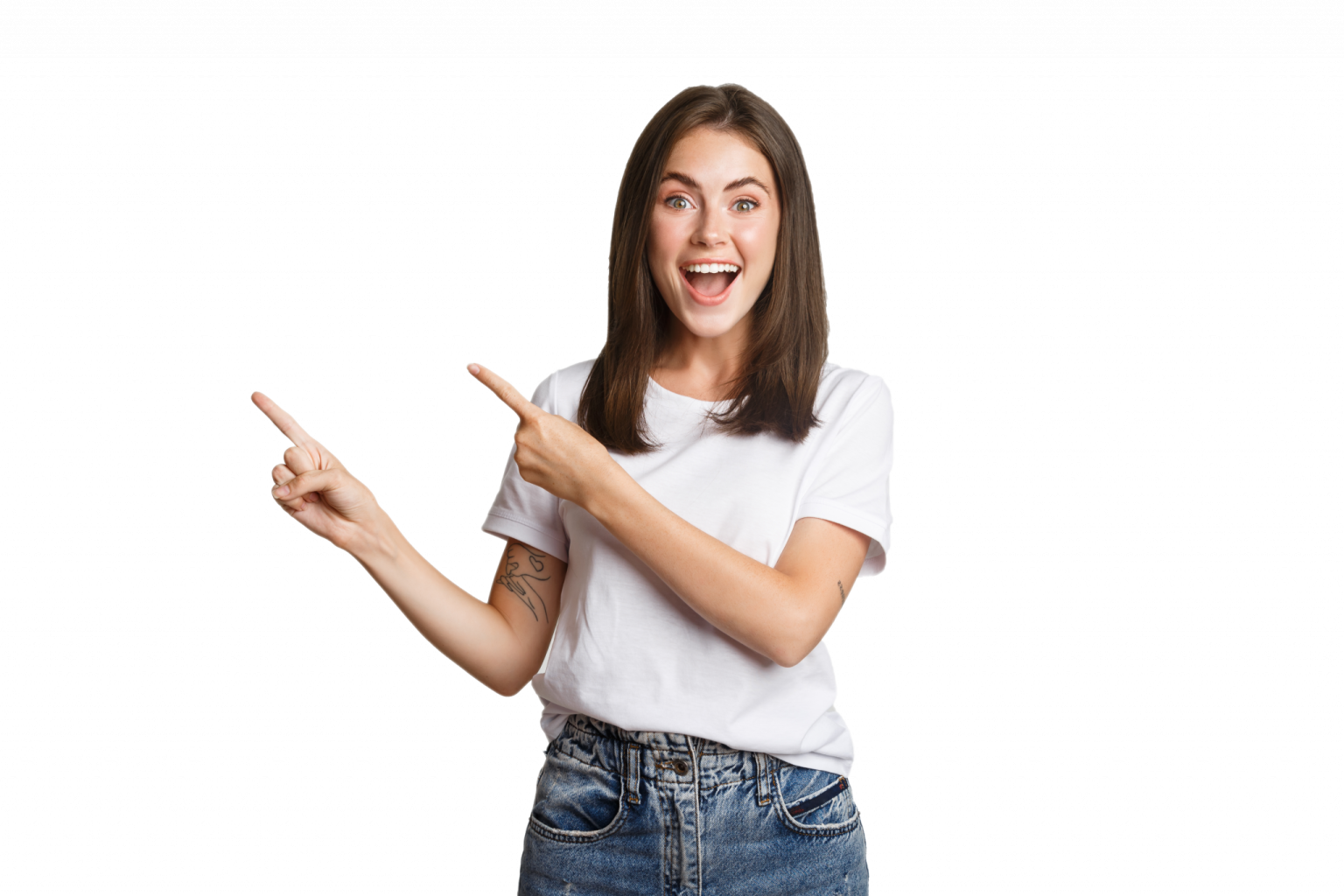 a woman pointing her finger at the camera