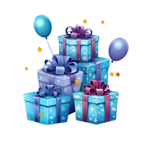 a pile of blue presents with balloons and stars