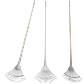 a set of three metal garden rakes