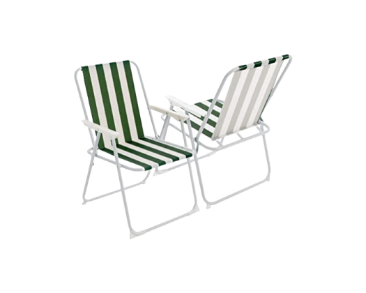 a pair of white and green striped chairs