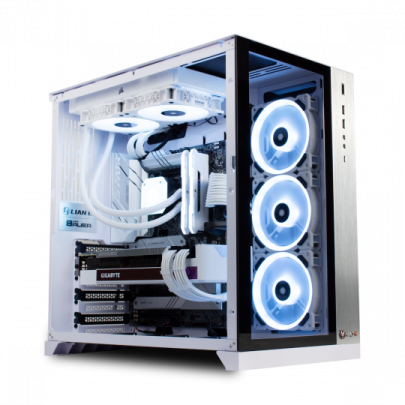 a white computer case with blue leds