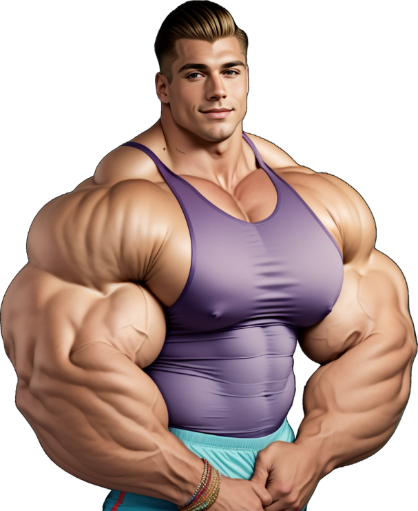 a man in a purple tank top and blue shorts