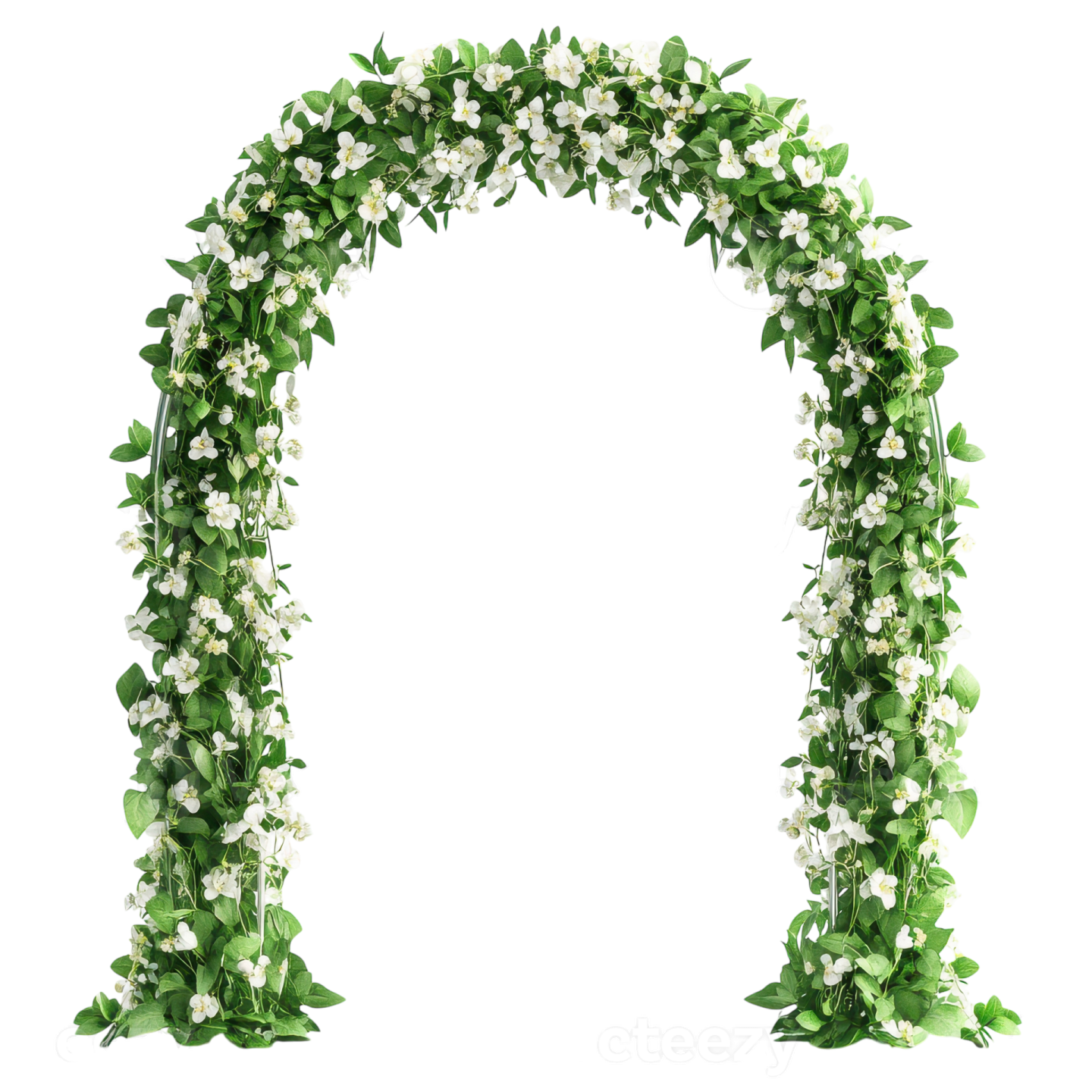 an arch of white flowers and green leaves