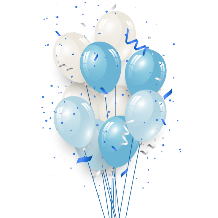 a bunch of blue and white balloons