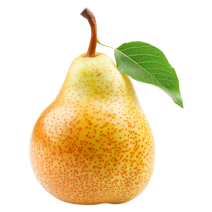 a pear with a leaf on top of it