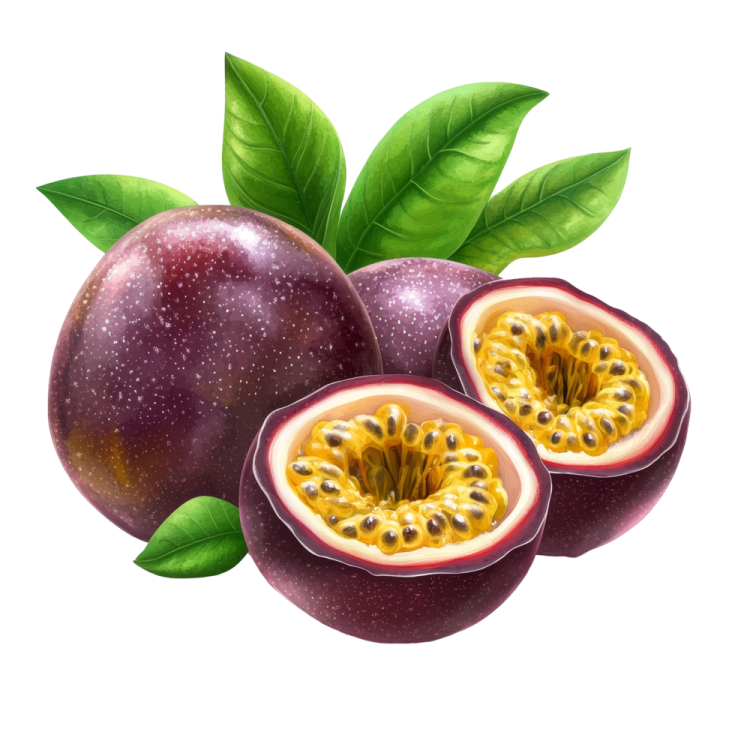 two passion fruit with green leaves on a white background