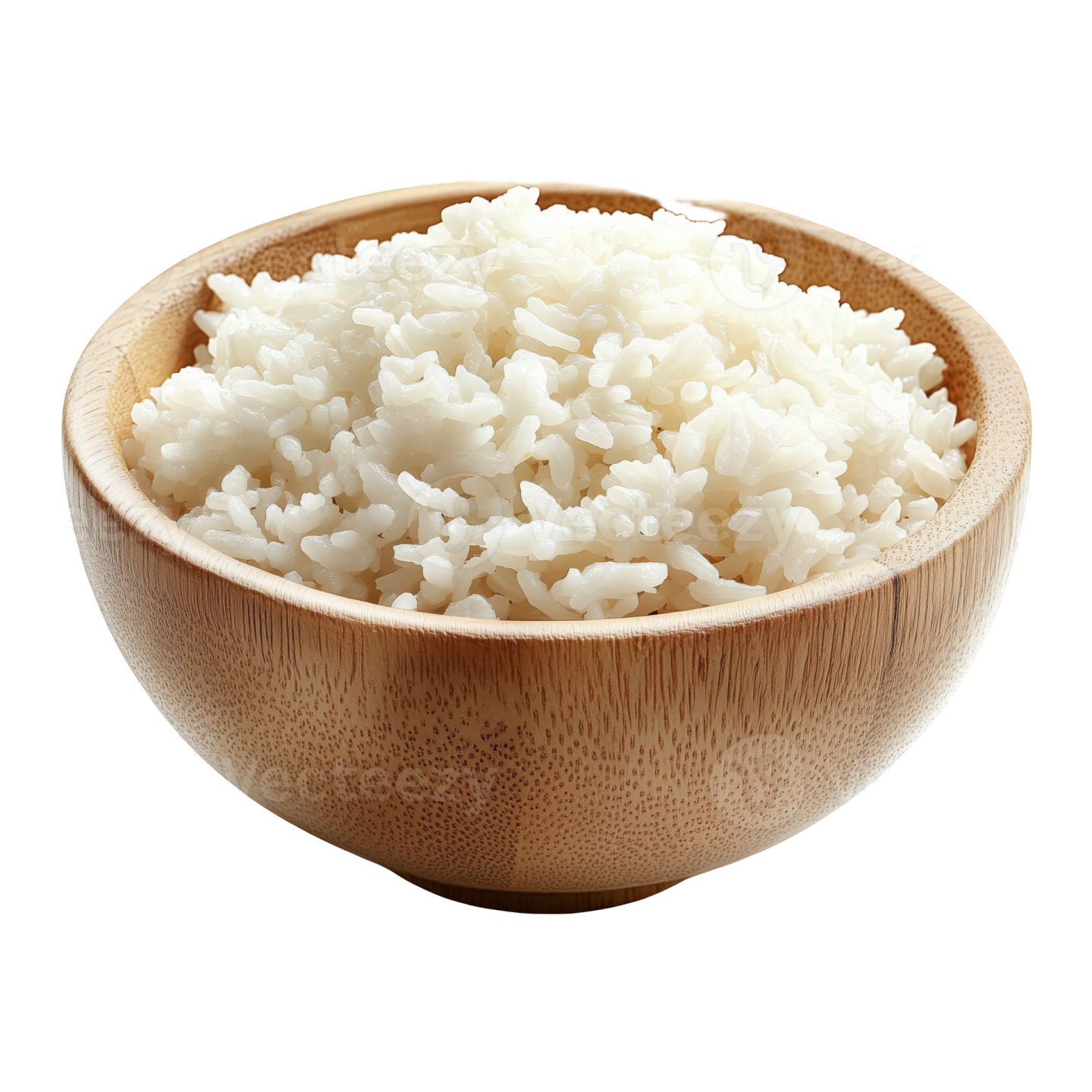 rice in a wooden bowl on a white background