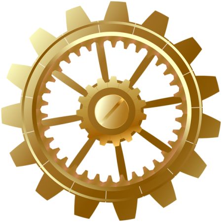 a golden clock with gears on it