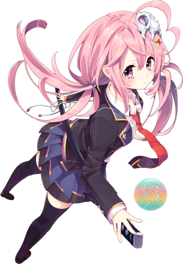an anime girl with pink hair and black pants
