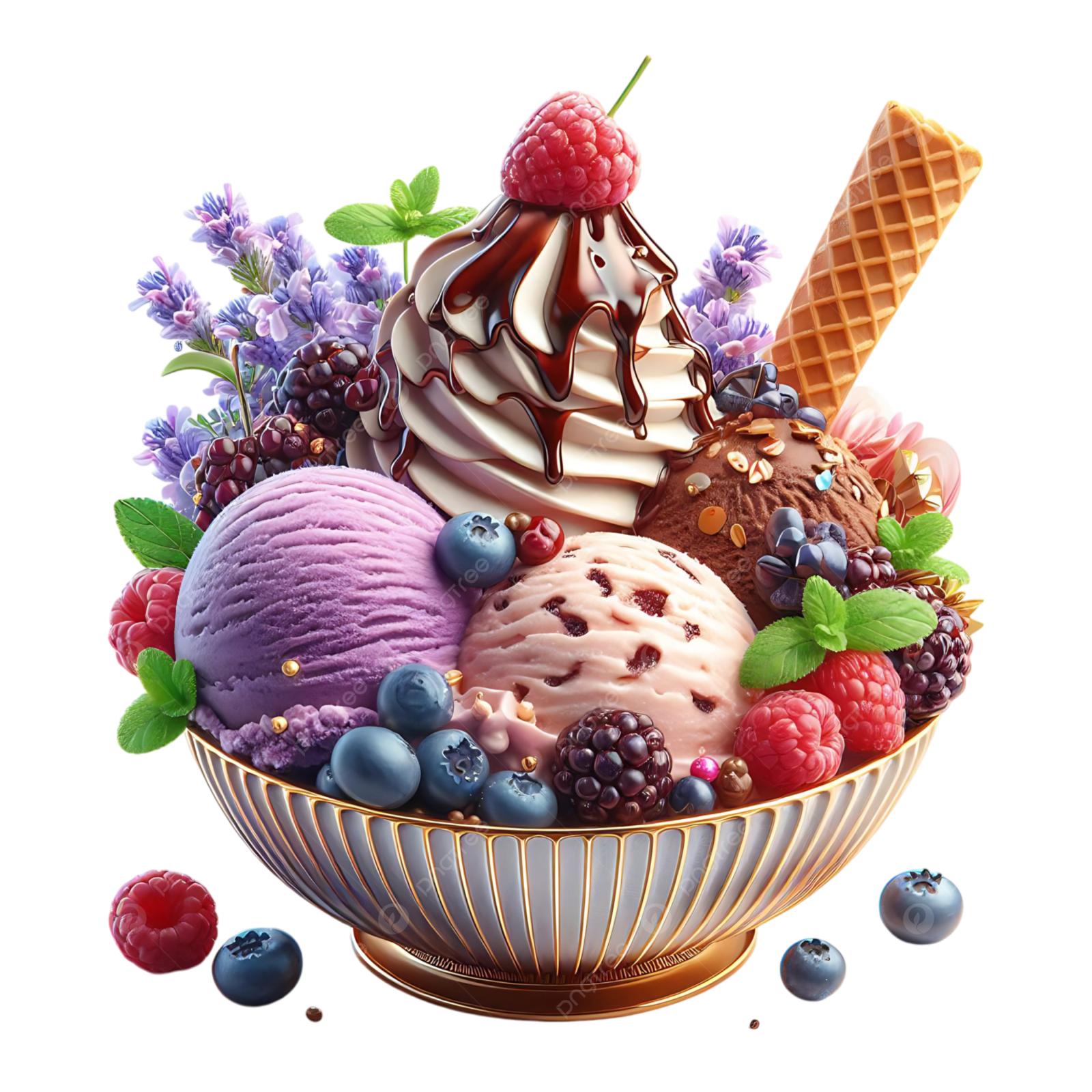 a bowl filled with ice cream, berries and chocolate