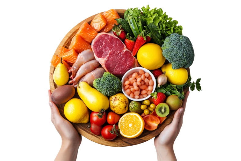 a person holding a wooden bowl filled with lots of food