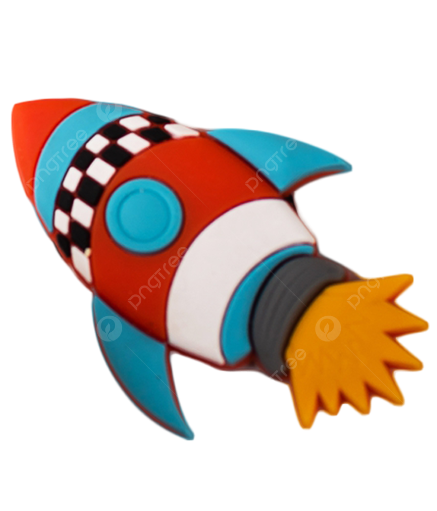 a red and blue toy rocket on a white background