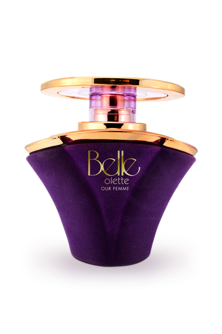 the back of a purple perfume bottle with gold lid