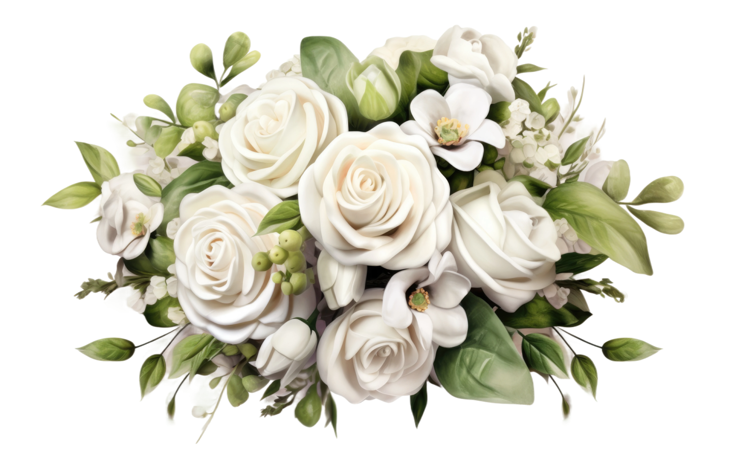 a bouquet of white roses and green leaves