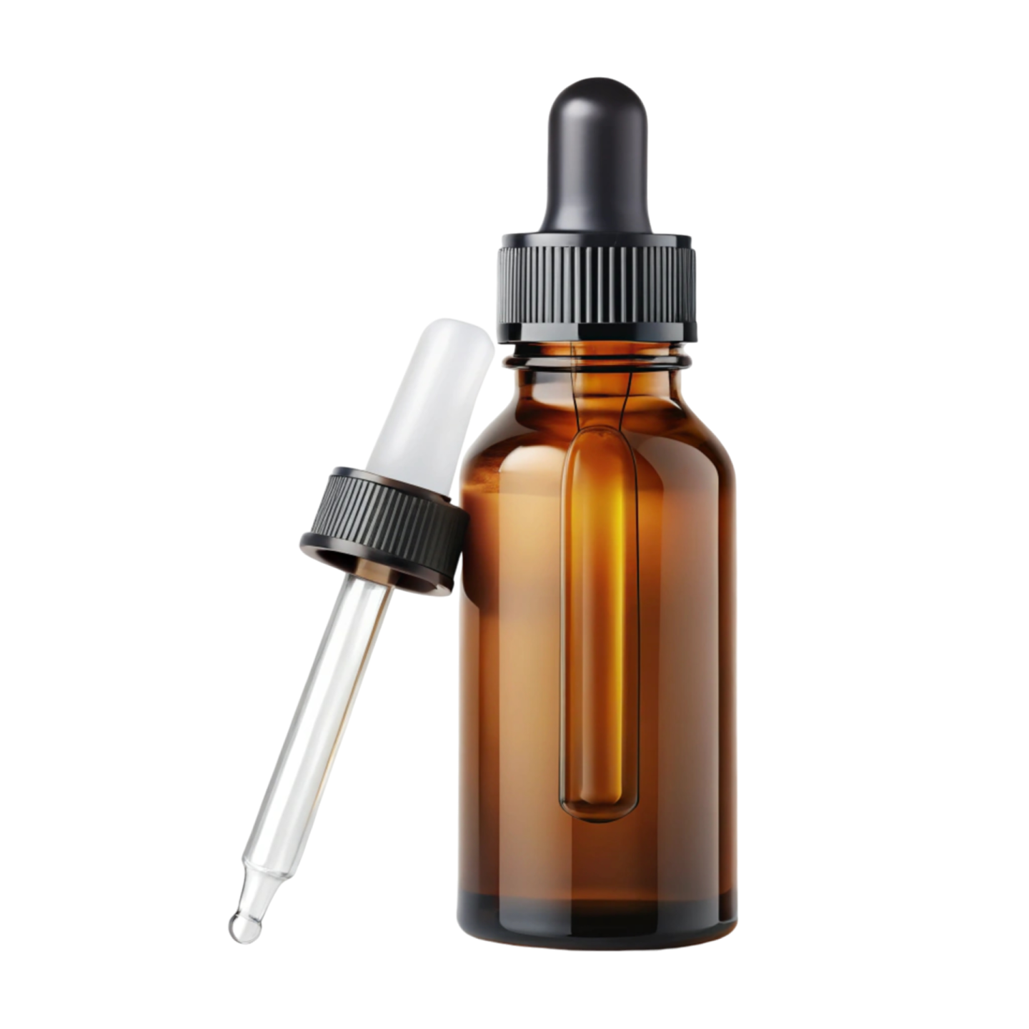 a brown glass bottle with a droper and a white drople