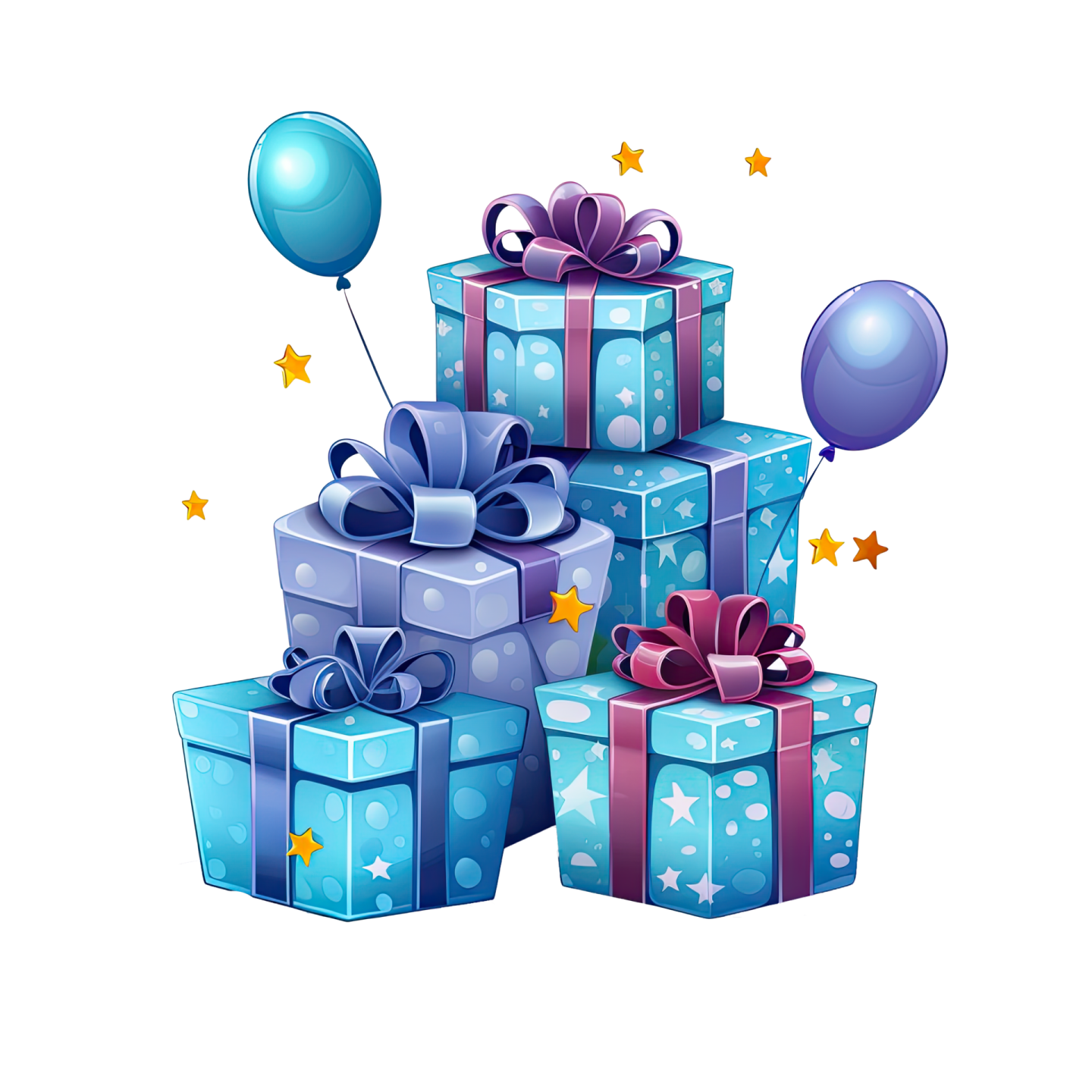 a pile of blue presents with balloons and stars
