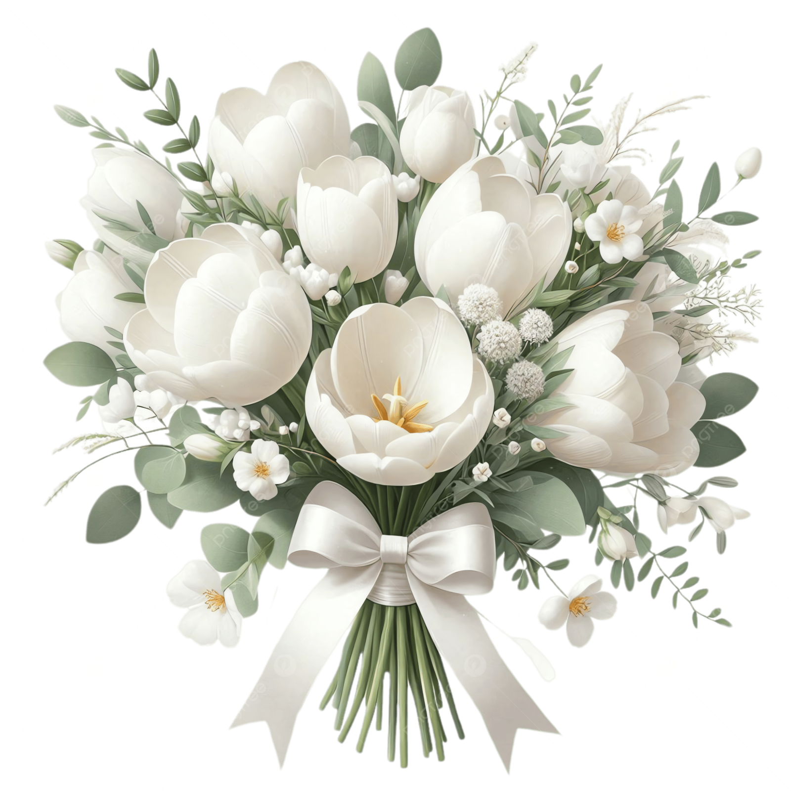 a bouquet with white flowers and green leaves