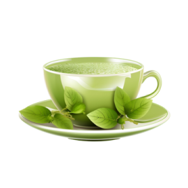 a cup of green tea with leaves on it
