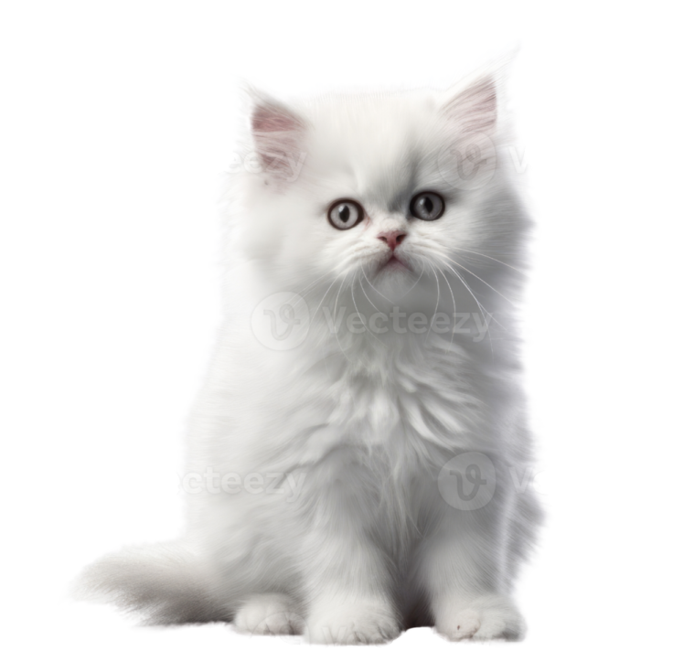 a white kitten sitting down looking at the camera