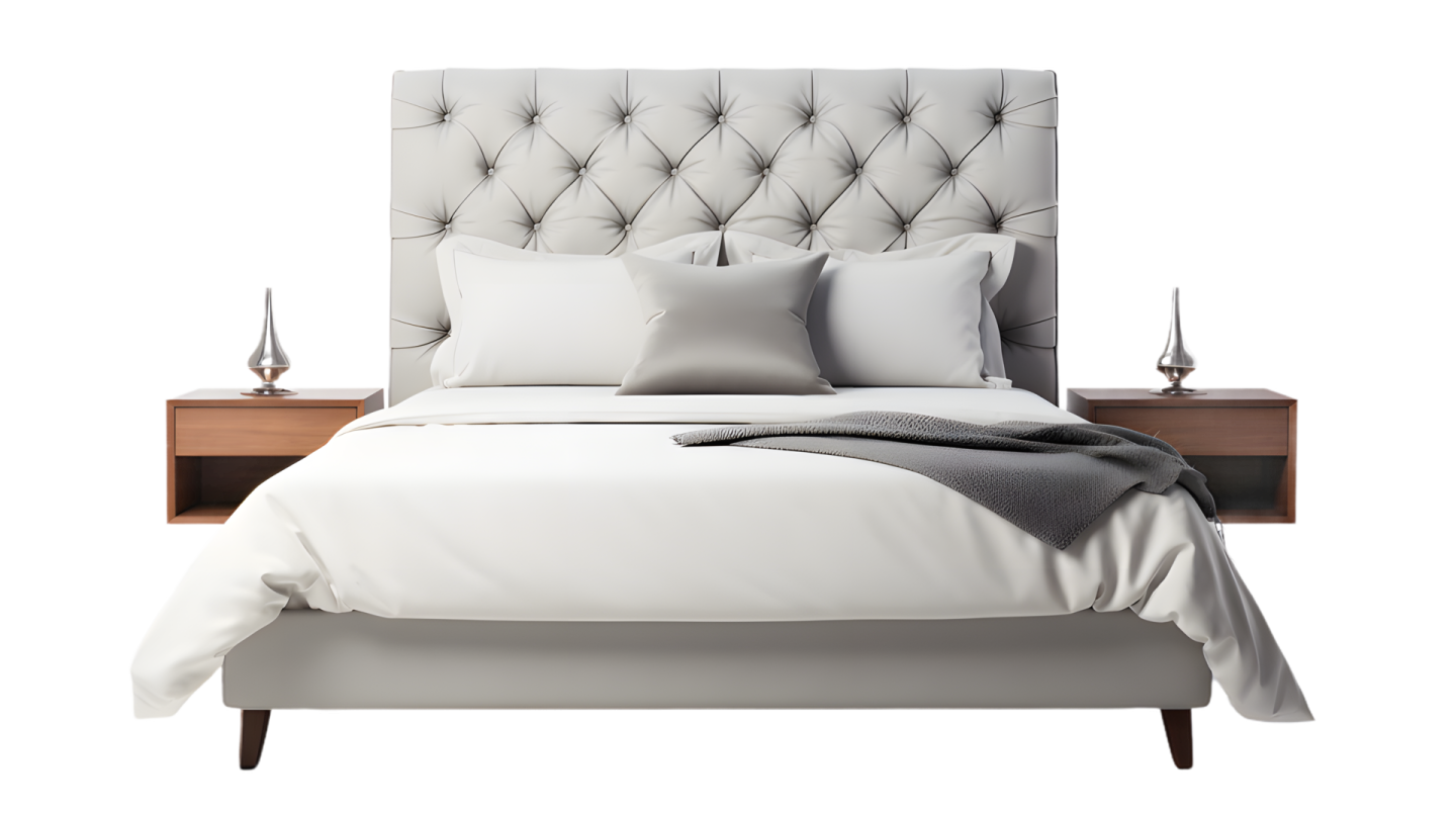 a bed with a white comforter and pillows