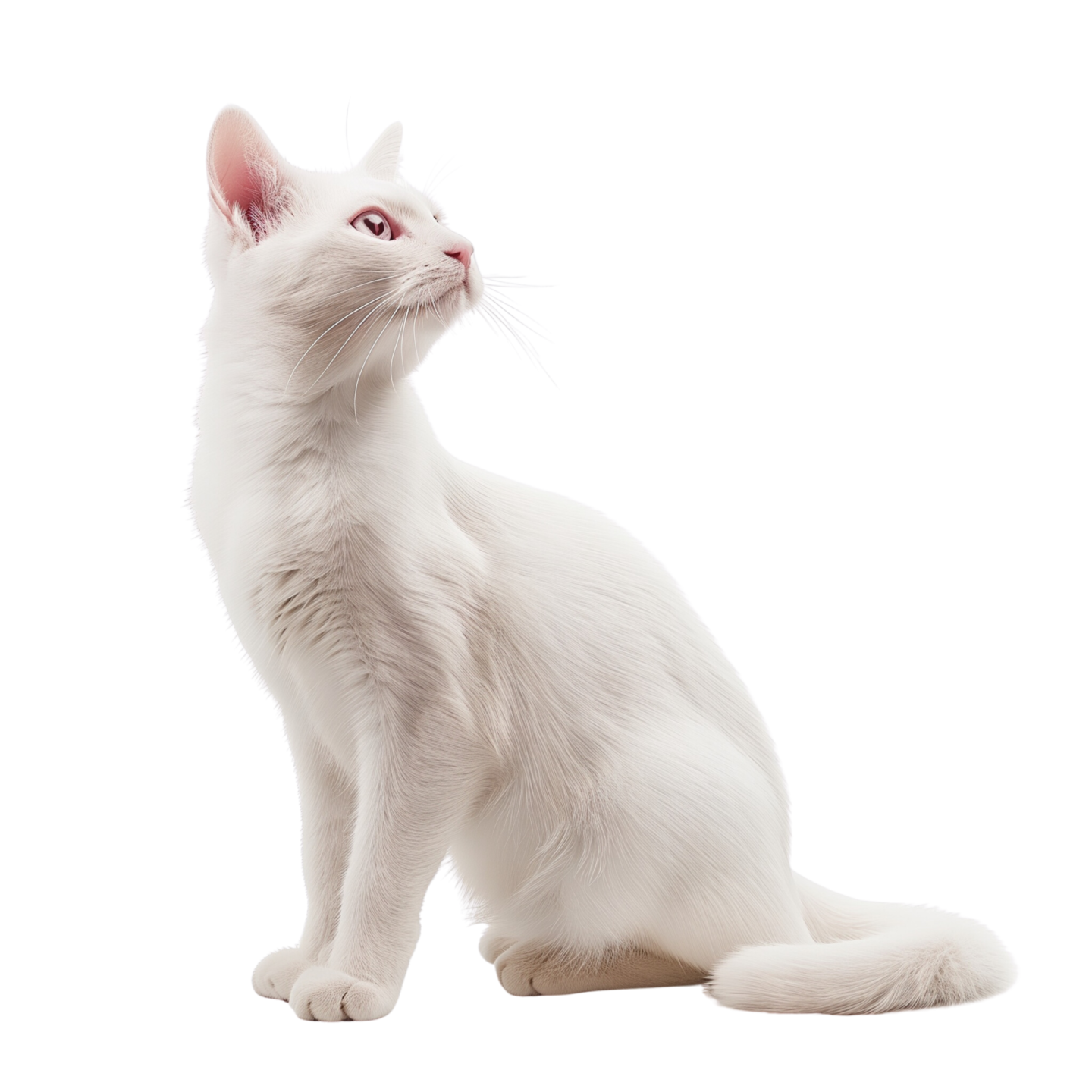 a white cat sitting and looking up