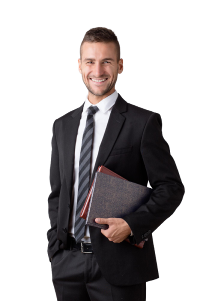 a man in a suit and tie holding a book