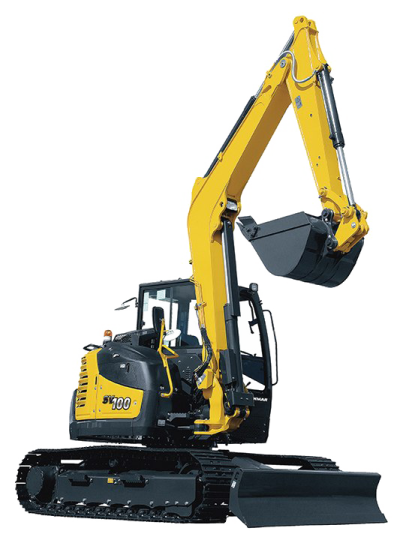a yellow exor digger with a white background