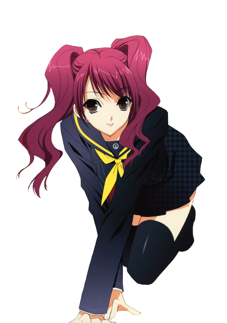 a girl with pink hair and a black suit