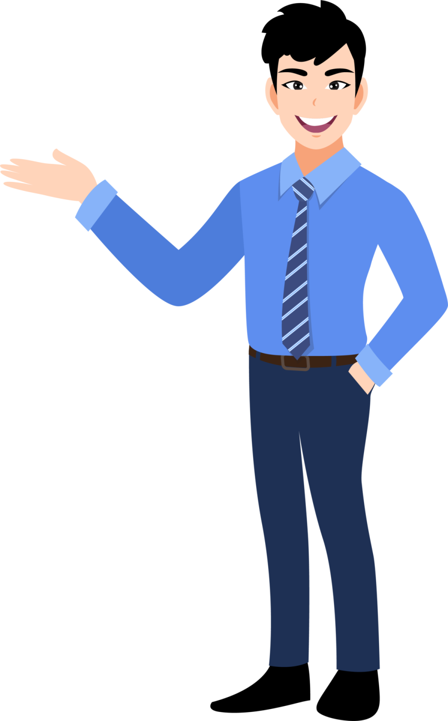 a man in a blue shirt and tie with his hands out