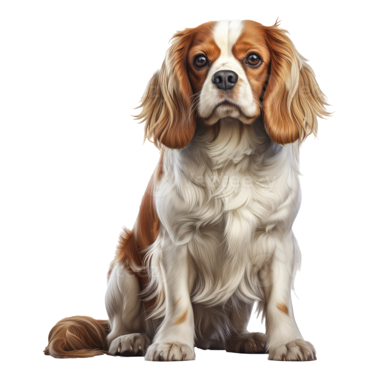a brown and white dog sitting on a white background