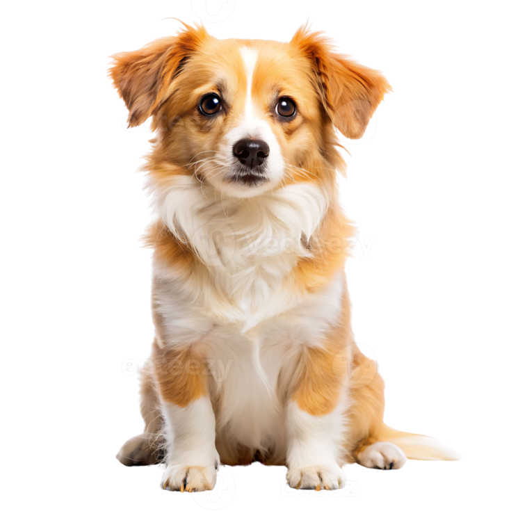 a small brown and white dog sitting on a white background
